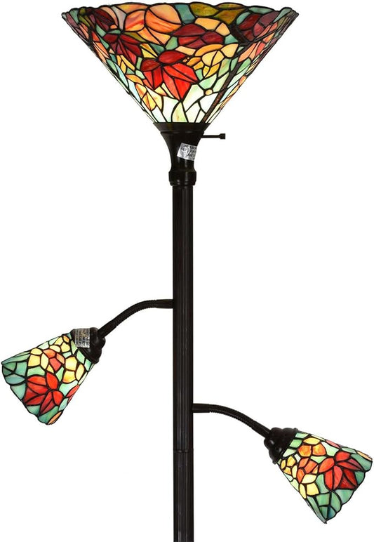 Bieye L10884 Maple Tree Leaves Tiffany Style Stained Glass Torchiere Floor Lamp with Sidelights for Reading Home Decor, 70-inches Tall (Maple Leaf, Red)