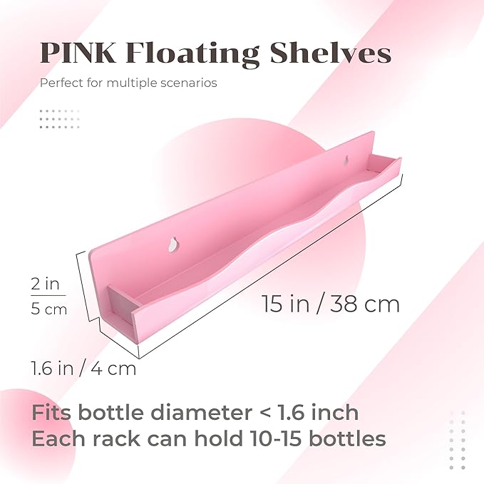 YMVV 6 Pack Nail Polish Wall Mounted Shelf,15 Inch Nail Polish Floating Shelves for 66-90 Bottles Multi-Purpose,Ideal Gift, Great Display for Salons Retailers,Pink