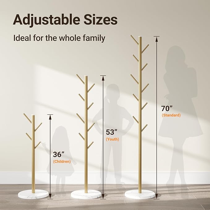 ELYKEN Coat Rack Freestanding with Natural Marble Base, Metal Coat Rack Stand with 10 Hooks, 3 Adjustable Size Coat Tree for Bags, Clothes, and Hats for Entryway, Bedroom, Hallway, Office, Gold
