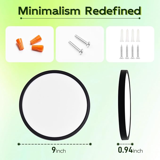 hykolity 9 Inch Selectable CCT LED Round Flat Panel Light, 18W 1800LM 3000K/4000K/5000K, Edge-Lit Flush Mount Ceiling Light Fixture for Kitchen, Bedroom, Laundry and Closet Room, Black