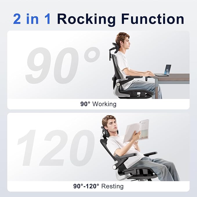 Ergonomic Office Chair，Mesh Seat Cushion with 3D Armrests and 3D Headrest, Adjustable Lumbar Support with Rocking Function, SGS Class 4 Gas Clylinder，Black