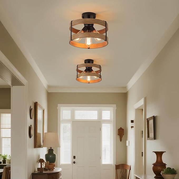 2 Pack 3-Light Rustic Farmhouse Metal Flush Mount Ceiling Light Fixture Wood Grain Metal Round Drum Semi Flush Mount Ceiling Light for Hallway Hall Entry Bedroom Farmhouse Home, Black