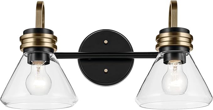 Kichler Farum 19.25" 2-Light Vanity Light with Clear Glass in Black, for Vanity, Jack & Jill Layout, Over a Mirror (19.25" W x 9.5" H), 55154BKCLR