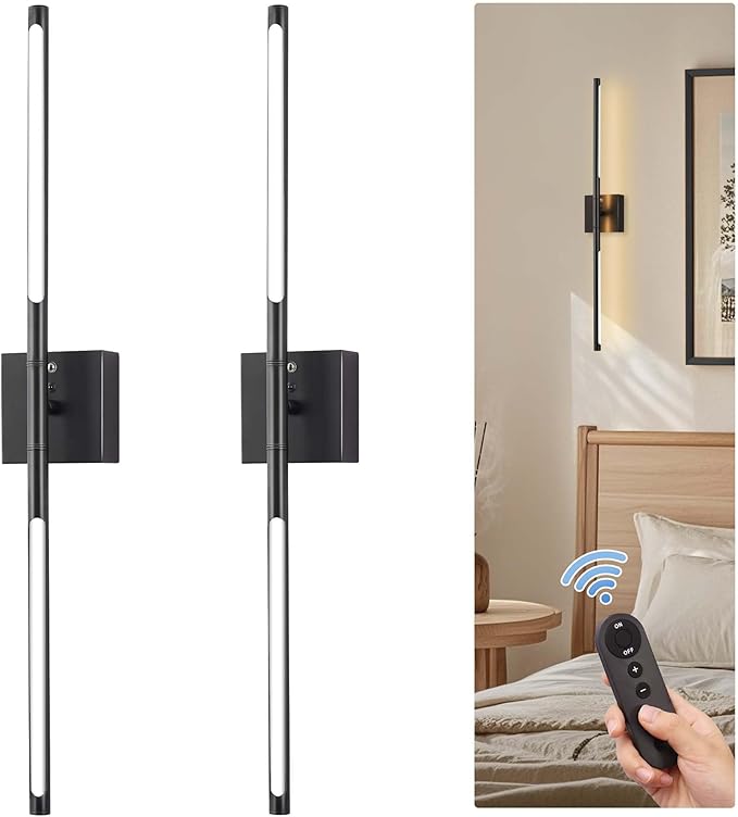 DORESshop Battery Operated Wall Sconces Set of Two with Remote Control, Rechargeable Wall Sconce, 350°Rotate Dimmable Wireless Wall Sconce for Living Room, Hallway, Bedroom, 29 Inch, Black(2 Pack)