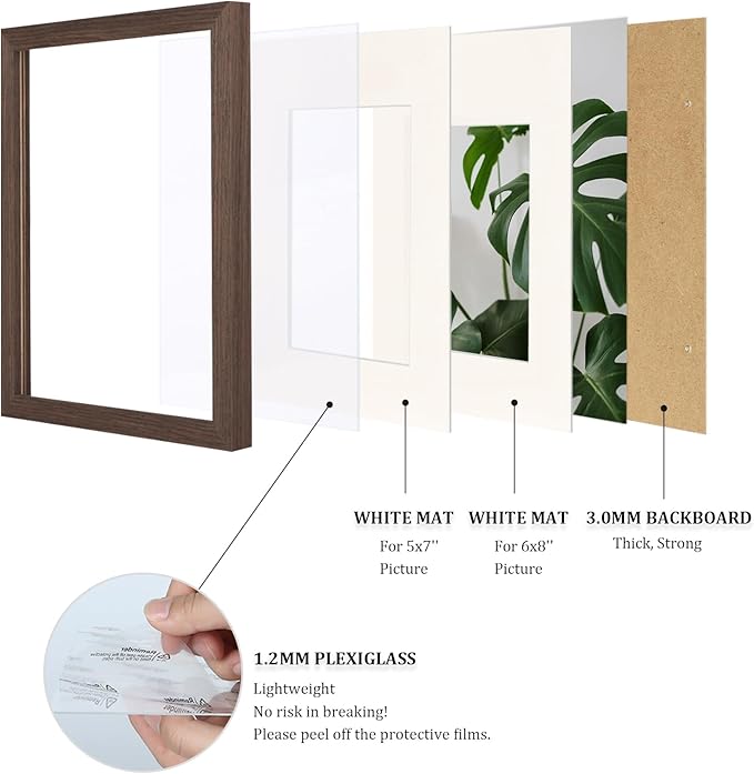 Egofine A4 Picture Frame Made of Solid Wood with Plexiglass, Display Pictures 4x6/6x8 with Mat or A4 Without Mat for Tabletop and Wall Mounting, Rustic Brown