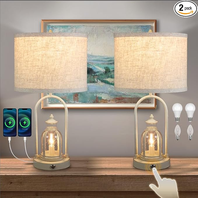 Farmhouse Lantern Table Lamps for Living Room Set of 2,Rustic Vintage Bedroom Nightstand Beside Desk Lamp with 2 USB Charging Ports,Dimmable Touch Night Light,4 Bulbs Included (White)