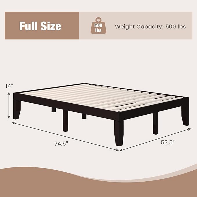 Giantex Full Wood Platform Bed Frame, 14 Inch Solid Rubber Wood Mattress Foundation, Heavy Duty Wooden Slats Support, No Box Spring Needed, Easy Assembly, Espresso