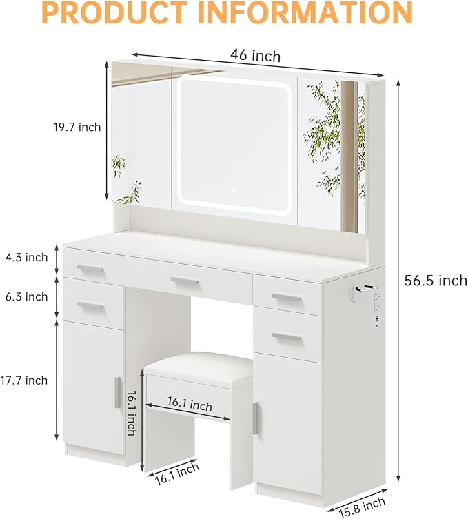 Vanity with Mirror and Lights, Vanity Tables with 7 Drawers, 3 Colors Lighting Makeup Vanity with Tri-Folding Mirror and Cushioned Stool, Big Vanities Perfect for Bedroom, White