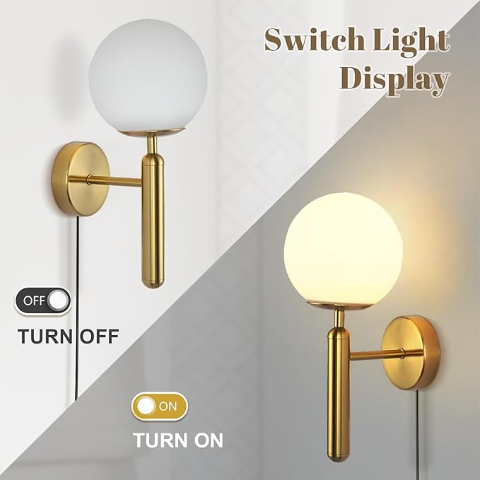Modo Lighting Modern Plug in Wall Sconce Light Golden Wall Light Fixture with On/Off Toggle Switch Industrial Vintage Wall Lamp for Bedroom Bathroom Bedside E26 Base (Plug)