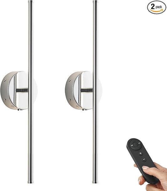 Battery Operated Wall Sconces with Remote Control, Dimmable Wall Sconces Set of Two, 350°Rotate, 3000K LED Chrome Wireless Wall Light for Living Room, Bedroom,Hallway, 20.4 Inch (2 Pack)