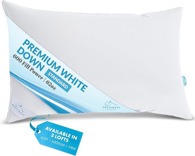 East Coast Bedding Goose Down Sleeping Pillow White 600 Fill Power with 400 Thread Count 100% Cotton for Couch, Side Sleeper, Travel & Bed Pillows - King Size Soft - Single Pack