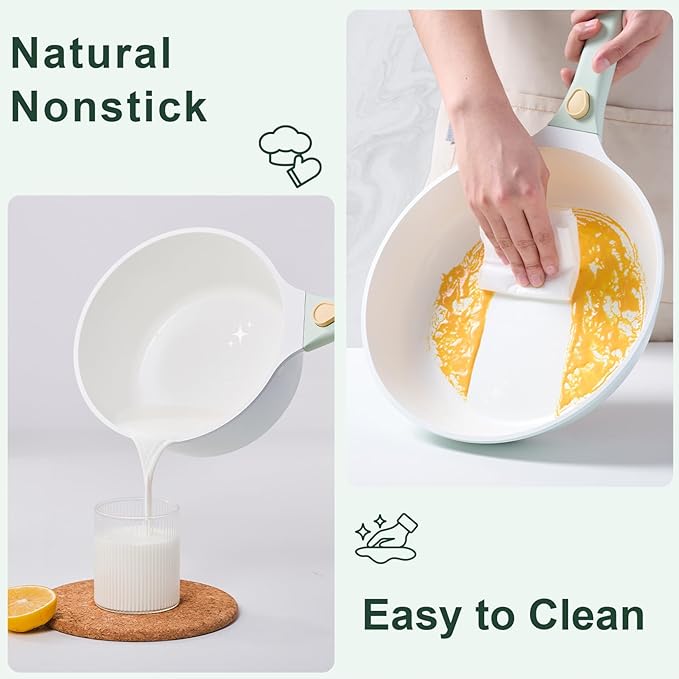 JEETEE Pots and Pans Set Non Stick 22pcs, Ceramic Cookware Set with Removable Handle, Healthy Kitchen Induction Cooking Pots Set with Detachable Handle, Oven Safe, PFAS & PFOA Free, Green, Beige