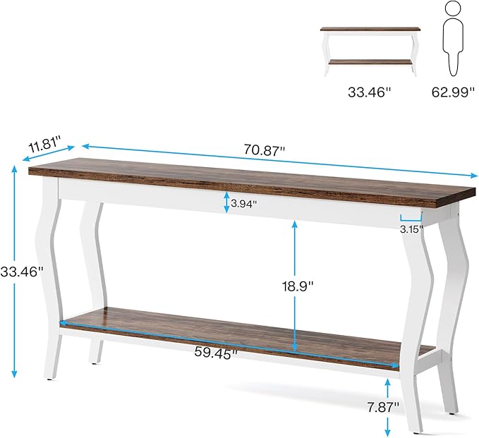 Tribesigns 70.9 Inches Extra Long Sofa Table Behind Couch, Vintage Console Entry Table with 2-Tier Storage for Hallway, Entryway, Living Room, White & Brown
