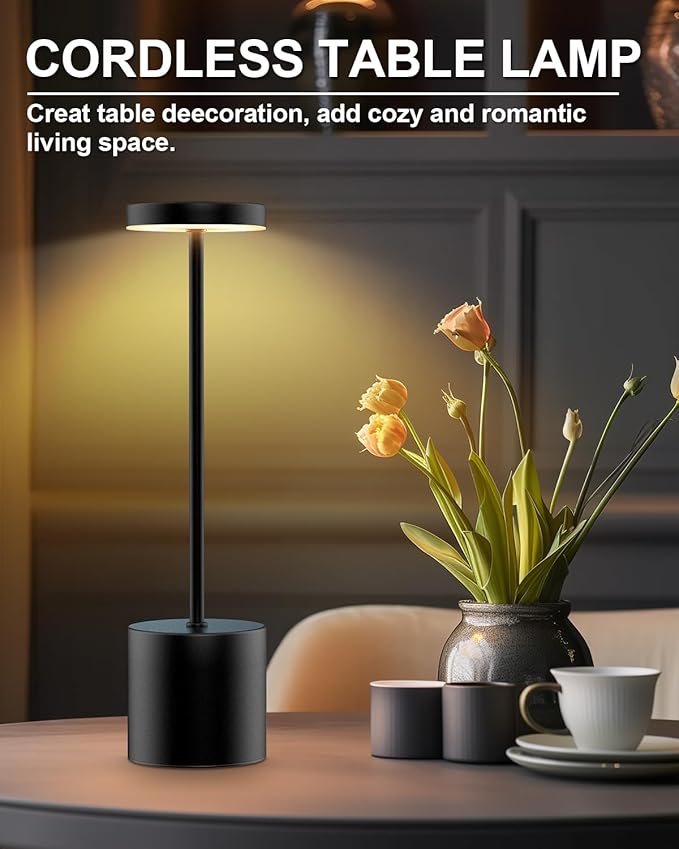 Cordless Table Lamp Set of 2, Rechargeable 5000mAh Battery Powered Outdoor Table Lamps, Portable LED Desk Lamp, 3 Color Dimmable Light for Restaurant, Patio, Bedroom, Bedside Night Lamp(Black)