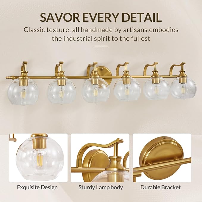 ANDY STAR 6-Light Brass Vanity Light, Large Gold Bathroom Light Fixtures, Modern Vanity Lights with Clear Globe Glass Shades, Anti-Rust Bathroom Lighting with Curved Arm for Mirror