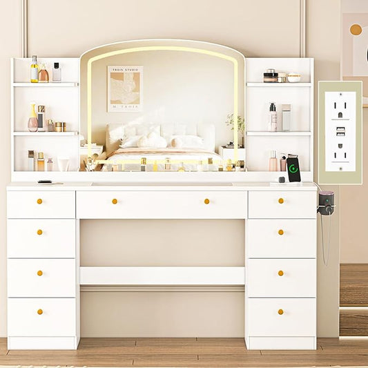 Makeup Vanity Desk with Mirror, Makeup Vanity with Power Outlet, 55" Large Vanity with 9 Drawers & Storage Shelves for Bedroom, White
