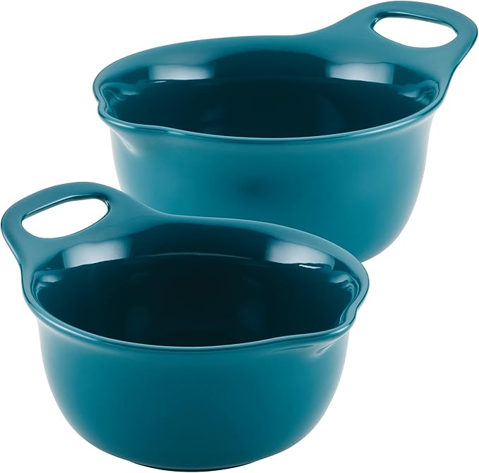 Rachael Ray Ceramics Nesting Mixing Bowl Set with Pour Spout, 1 Quart and 2 Quart, Teal