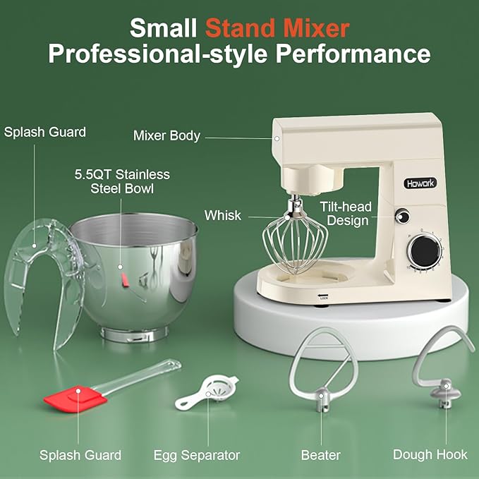 HOWORK Stand Mixer,10+p Speeds With 5.5QT Stainless Steel Bowl,Dough Hook, Wire Whip & Beater,for Most Home Cooks,Cream White