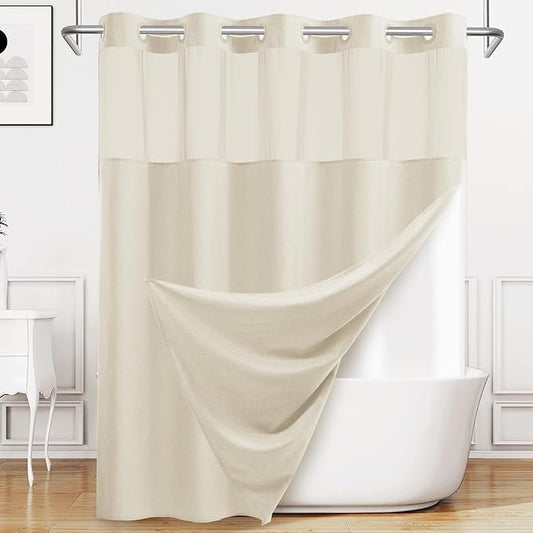 Extra Long No Hook Shower Curtain with Snap in Liner, Polyester Textured Shower Curtain with Liner Set, Waterproof Washable Hotel Style Shower Curtains for Bathroom, 71Wx86H, Cream