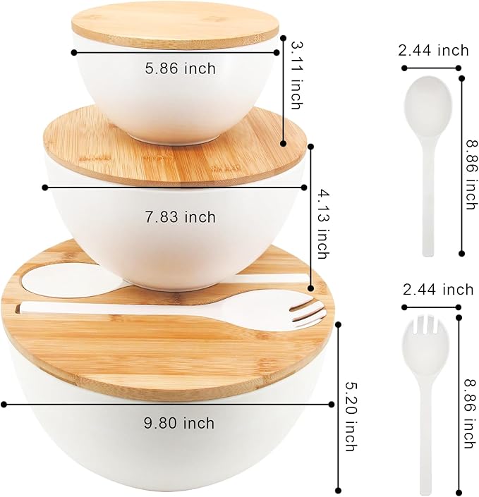 Salad Bowls Set of 3 with Lid & Serving Utensils, Bamboo Fiber Mixing Bowls Set Large Serving Bowls & Storage Set with Bamboo Lid for Salad, Kitchen Eating, Pasta, Popcorn, Chips, Fruit, White