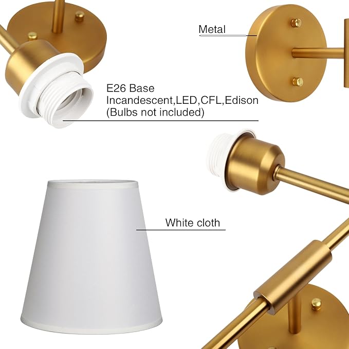 PERMO Classic Rustic Double Sconce 2-Lights Wall Sconce Lighting Fixture with Flared White Textile Lamp Shade and Antique Brass Finished Long Arm,Wall Sconce Light Fixture for Bathroom Bedroom