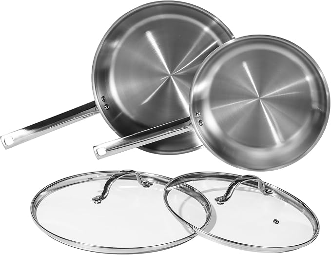 DELUXE Stainless Steel Frying Pan Set 4-Pieces, 10" and12 Skillet with Lid and Stay-Cool Handle, PFOA Free Stainless Steel Pan Suitable with Induction Gas Stoves, Dishwasher&Oven Safe