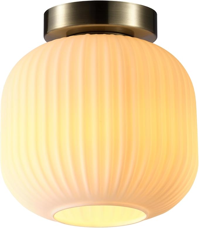 GLOBE Electric 66000079 1-Light Flush Mount Ceiling Fixture, Matte Brass, Frosted Ribbed Glass Shade, Kitchen Island Lighting, Dining Room Fixture, Modern Home Decor for Living Room