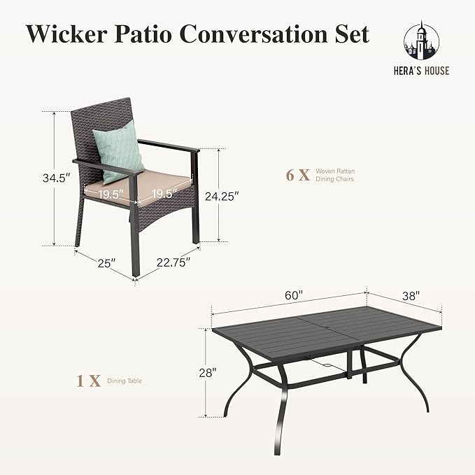 HERA'S HOUSE 7 Pieces Patio Dining Set for 6, Outdoor Rattan Chairs and Black Metal Table with 1.57" Umbrella Hole, Patio Dining Set for Deck Backyard Garden