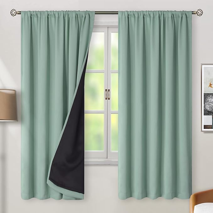 BGment Blackout Curtains with Thermal Insulation Liner Curtains 72 Inches Long, Rod Pocket and Back Tab Double Layer Room Darkening Window Curtain for Bedroom(52 x 72 Inch, 2 Panels, Frosty Green)