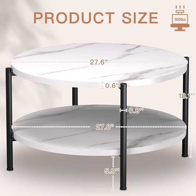 Round Coffee Table, 27.6" Circle Coffee Table for Living Room, 2-Tier Wood Accent Center Table with Open Storage Industrial Design Home Furniture, White