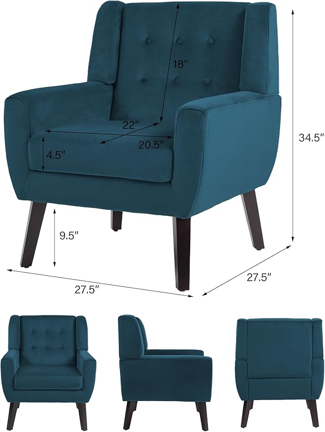 Accent Chair, Mid-Century Modern Velvet Fabric Chairs with Arms for Living Room, Comfy Upholstered Club Single Sofa Armchair for Bedroom Waiting Room with Solid Wood Frame (Velvet Blue, Set of 1)