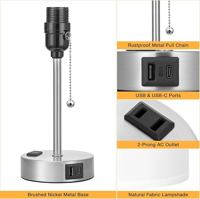 Dicoool White Bedside Lamp for Bedroom - 3 Color Temperatures Desk Lamp with USB C and A Ports, Pull Chain Table Lamp with AC Outlet, Nightstand Lamp with Silver Metal Base for Kids Girls
