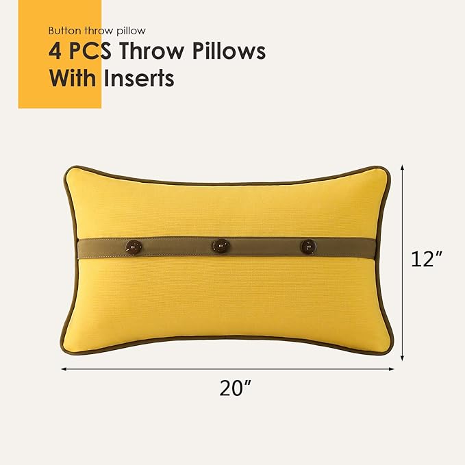 Outdoor Sunbrella Decorative Pillows with Triple Coconut Buttons Pack of 4, 20" x 12" Outdoor Pillow Set for Couch Bed Throw Patio Sofa, Spectrum Daffodil/Canvas Cocoa