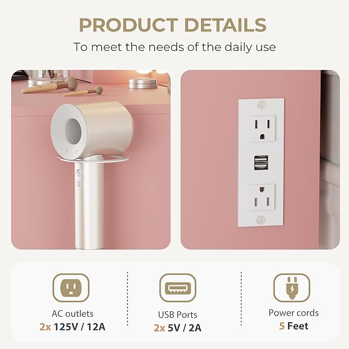 Vanity Desk with Mirror and Lights, 3 Adjustable Lighting Makeup Vanity Desk with 3 Storage Shelves, 5 Large Drawers and Power Outlet, Vanity with Chair for Bedroom, Pink