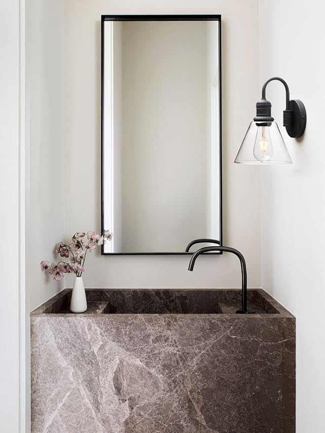 Yosoan 1-Light Vintage Industrial Fixture Light, Funnel Flared Clear Glass Shade with Elegant Gooseneck Curved Rod Wall Sconce for Bathroom Porch Kitchen Living Room Hotel Bar Foyer(Black)