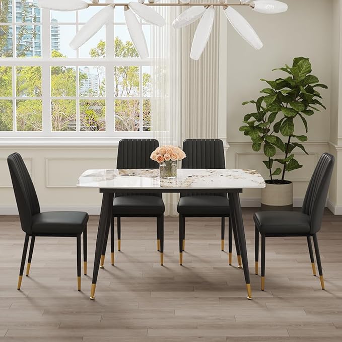 5 Pieces Modern Sintered Stone Dining Table Set 50" Rectangular Faux Marble Tabletop Kitchen Table with 4 PU Leather Chair Dinner Table Set(1Faux Marble Table+4Black Chairs)