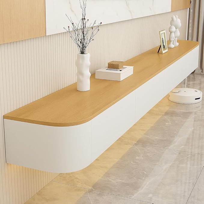 Floating TV Stand,47-118 Inch Wall Mounted TV Shelf,Modern Entertainment Center Media Console with Storage for Bedroom,Living Room (White/Wood with Light, 70.9")