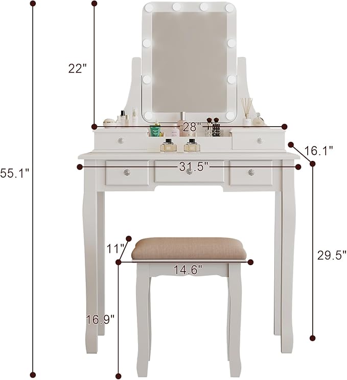 Make Vanity Desk with Lights and Mirror Makeup Vanity with Lights Bench Set Vanity Table with Lights with Drawers Vanity Mirror with Lights Desk and Chair