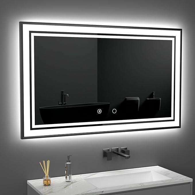 60" x 36" LED Bathroom Mirror with Lights Framed LED Mirror for Bathroom Backlit and Front Lighted Bathroom Mirror Black Square Aluminum Frame Anti-Fog Dimmable Adjustable Shatter-Proof