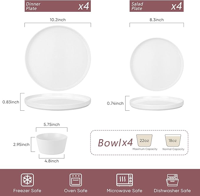 Herogo 12 Pieces Dinnerware Dishes Set for 4, Handmade Stoneware Dining Plates and Bowls Sets, Double Reactive Glaze, Microwave & Dishwasher Safe, Scratch Resistant, Speckled White