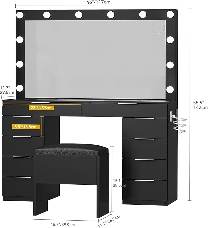 DWVO 10 Drawer Large Makeup Vanity Table with Glass Top, LED Mirror, Charging Station & Cushioned Storage Stool, 46-Inch Dressing Desk Set with 3 Lighting Modes Brightness Adjustable, Dark Black