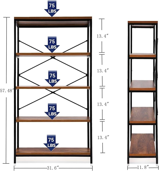 Himimi Industrial Bookshelf 5-Tier Set of 2, Bookcase 58" H Ladder Shelf, Storage Shelves Rack Shelf Unit, Accent Furniture Metal Frame, Home Office Furniture, Vintage Brown（2PCS）