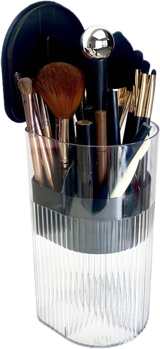 Makeup Brush Holder with Lid, One-Hand Press Open/Close Mechanism Cosmetic Tools Organizer, Clear Waterproof Dustproof Make Up Storage for Vanity, Bathroom Countertop-Black-Silver Ball