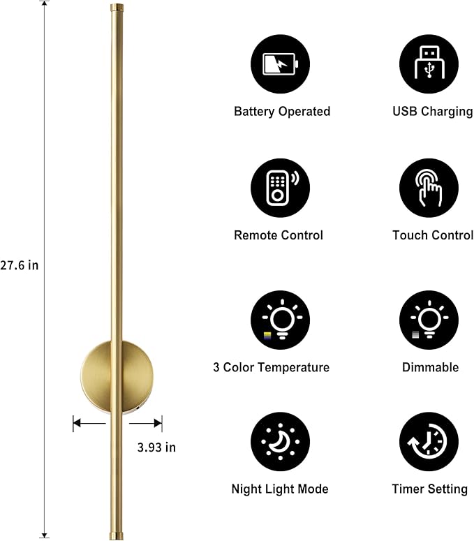Battery Operated Modern Wall Sconces, Dimmable Wireless Wall Light Set of Two with Remote Control, 3 Color Temperatures, Rechargeable LED Wall Sconce for Bedroom, Living Room, Hallway, 27.6 Inch Brass