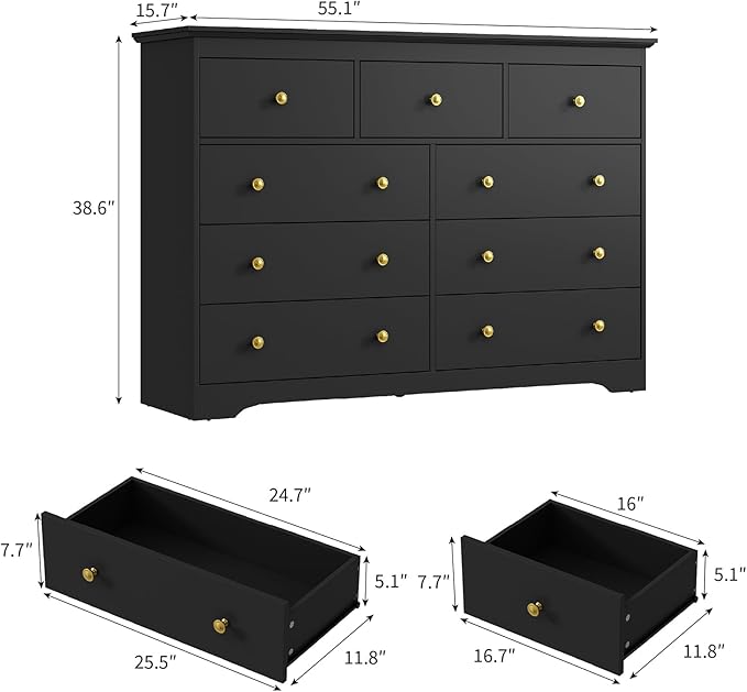 LYNSOM Modern 9 Drawer Dresser, 55.1" Wide Dressers & Chests of Drawers with Large Capacity Storage, Mid Century Black Dresser for Bedroom, Hallway, Black
