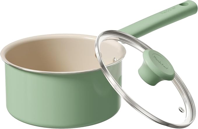 Redchef Ceramic Nonstick Saucepan with Lid, 1.5QT Small Cooking Pot, Non Toxic Sauce Pans for Kitchen, Cool Handle PFAS Free Compatible with All Cooktops, Green