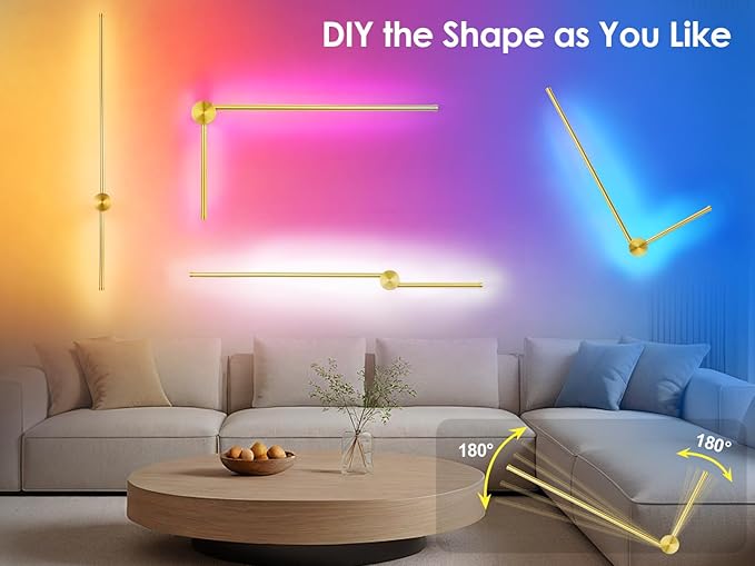 39.4 Inch Battery Operated Wall Sconce, 12000mAh Rechargeable Wall Sconce with Remote Control, Dimmable LED Wireless Wall Light for Bedroom, Living Room, 15 Colors, 180° Rotate, Gold, 1 Pack