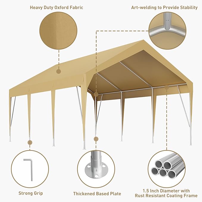 10x20FT Heavy Duty Carport Canopy with Sturdy Frame, Portable Waterproof and UV-Resistant Garage Shelter, Adjustable Height for Car, Boat, Outdoor Storage and Parties Yellow