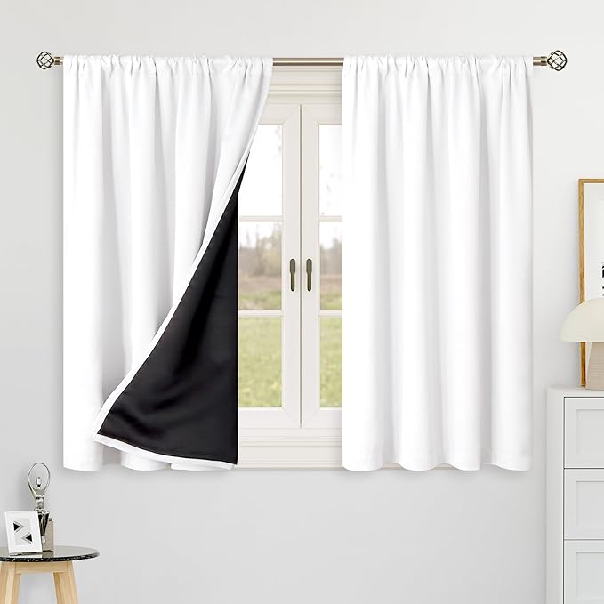 BGment Short Blackout Curtains 45 Inches Long for Small Window, Full Room Darkening Double Layer Thermal Insulated Rod Pocket and Back Tab Bedroom Kitchen Curtains, 42 x 45 Inch, 2 Panels, Pure White