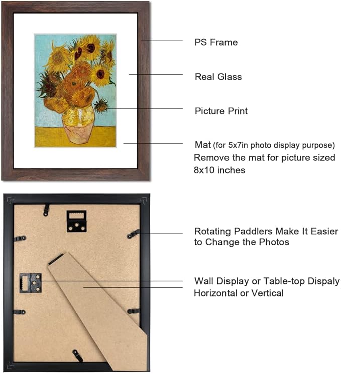 8x10 Picture Frame Set of 6 with Real Glass for Pictures 5x7 with Mat or 8x10 Without Mat, Wall or Tabletop Gallery Photo Frames Walnut